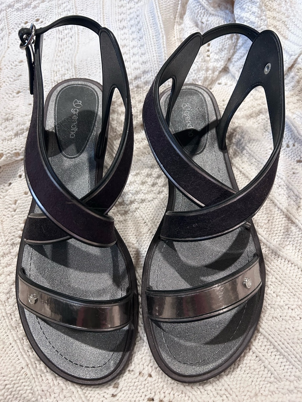 Grendha Amour Black Women's Strappy Slingback Sandals With Metallic Accent